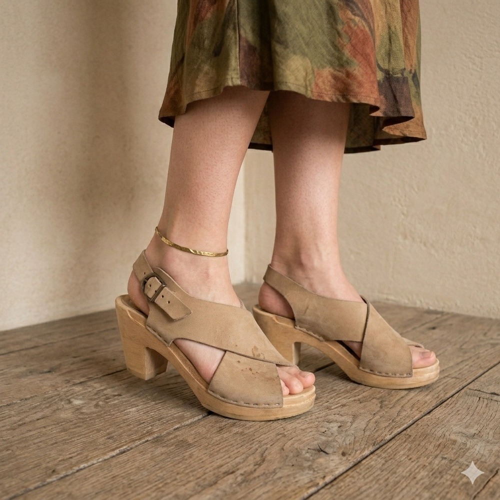 No.6 Crossover Clog Sandals Womens 7 37 Tan Leather Wood Heel Boho Minimalist